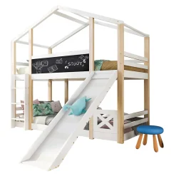 Lit superposé 90x200 cm - Lit cabane enfant avec toboggan et échelle - Bois massif - Sommier extensible - Sans matelas - Blanc><noscript><img width=
