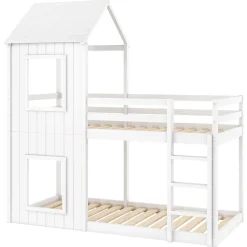 Okwish Lit Superposé 90x200 cm - Lit Cabane enfant avec Échelle et Baldaquin - Bois de Pin - Sans Matelas - Blanc*Enfant Lit Enfant