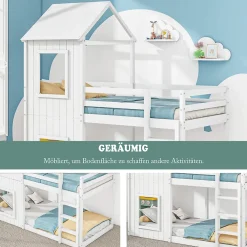 Okwish Lit Superposé 90x200 cm - Lit Cabane enfant avec Échelle et Baldaquin - Bois de Pin - Sans Matelas - Blanc*Enfant Lit Enfant