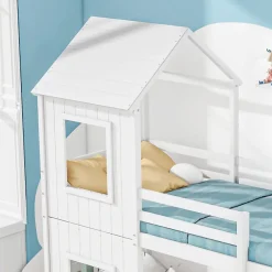Okwish Lit Superposé 90x200 cm - Lit Cabane enfant avec Échelle et Baldaquin - Bois de Pin - Sans Matelas - Blanc*Enfant Lit Enfant
