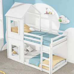 Okwish Lit Superposé 90x200 cm - Lit Cabane enfant avec Échelle et Baldaquin - Bois de Pin - Sans Matelas - Blanc*Enfant Lit Enfant