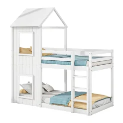 Okwish Lit Superposé 90x200 cm - Lit Cabane enfant avec Échelle et Baldaquin - Bois de Pin - Sans Matelas - Blanc*Enfant Lit Enfant