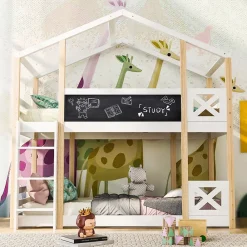 Okwish Lit superposé 90x200 cm - Lit cabane enfant avec échelle et barrières - Bois massif - Sans matelas - Blanc*Enfant Lit Enfant