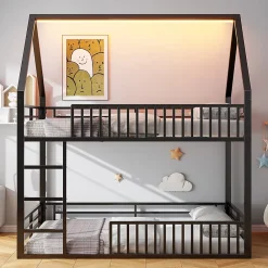 Okwish Lit superposé 140x200 cm - Lit double avec design cabane et barrières - Métal - Sans matelas - Noir*Enfant Lit Enfant