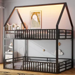 Okwish Lit superposé 140x200 cm - Lit double avec design cabane et barrières - Métal - Sans matelas - Noir*Enfant Lit Enfant