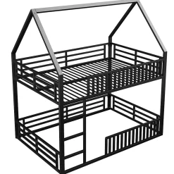 Okwish Lit superposé 140x200 cm - Lit double avec design cabane et barrières - Métal - Sans matelas - Noir*Enfant Lit Enfant