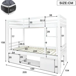 Okwish Lit superposé 90x200 cm - Lit enfant avec 2 tiroirs et porte chaussures - MDF + Pin - Sans matelas - Blanc*Enfant Lit Enfant