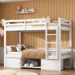 Okwish Lit superposé 90x200 cm - Lit enfant avec 2 tiroirs et porte chaussures - MDF + Pin - Sans matelas - Blanc*Enfant Lit Enfant