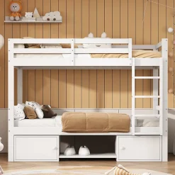 Okwish Lit superposé 90x200 cm - Lit enfant avec 2 tiroirs et porte chaussures - MDF + Pin - Sans matelas - Blanc*Enfant Lit Enfant
