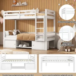 Okwish Lit superposé 90x200 cm - Lit enfant avec 2 tiroirs et porte chaussures - MDF + Pin - Sans matelas - Blanc*Enfant Lit Enfant