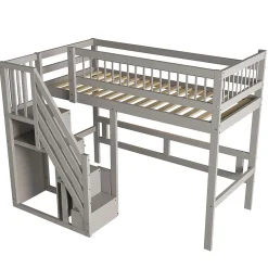 Okwish Lit Superposé 90x200 cm - Lit enfant avec Échelle et Rangement Intégré, Structure en Bois Massif, Sans Matelas - Gris*Enfant Lit Enfant