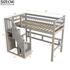 Okwish Lit Superposé 90x200 cm - Lit enfant avec Échelle et Rangement Intégré, Structure en Bois Massif, Sans Matelas - Gris*Enfant Lit Enfant