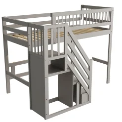 Okwish Lit Superposé 90x200 cm - Lit enfant avec Échelle et Rangement Intégré, Structure en Bois Massif, Sans Matelas - Gris*Enfant Lit Enfant