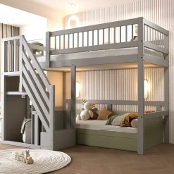 Okwish Lit Superposé 90x200 cm - Lit enfant avec Échelle et Rangement Intégré, Structure en Bois Massif, Sans Matelas - Gris*Enfant Lit Enfant