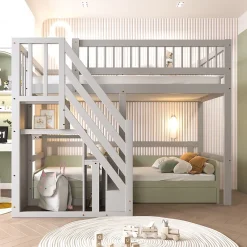 Okwish Lit Superposé 90x200 cm - Lit enfant avec Échelle et Rangement Intégré, Structure en Bois Massif, Sans Matelas - Gris*Enfant Lit Enfant