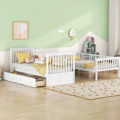 Lit Superposé 90x200 cm - Lit enfant avec 2 Tiroirs de Rangement - Bois de Pin et MDF Robuste - Blanc - Sans Matelas>Okwish