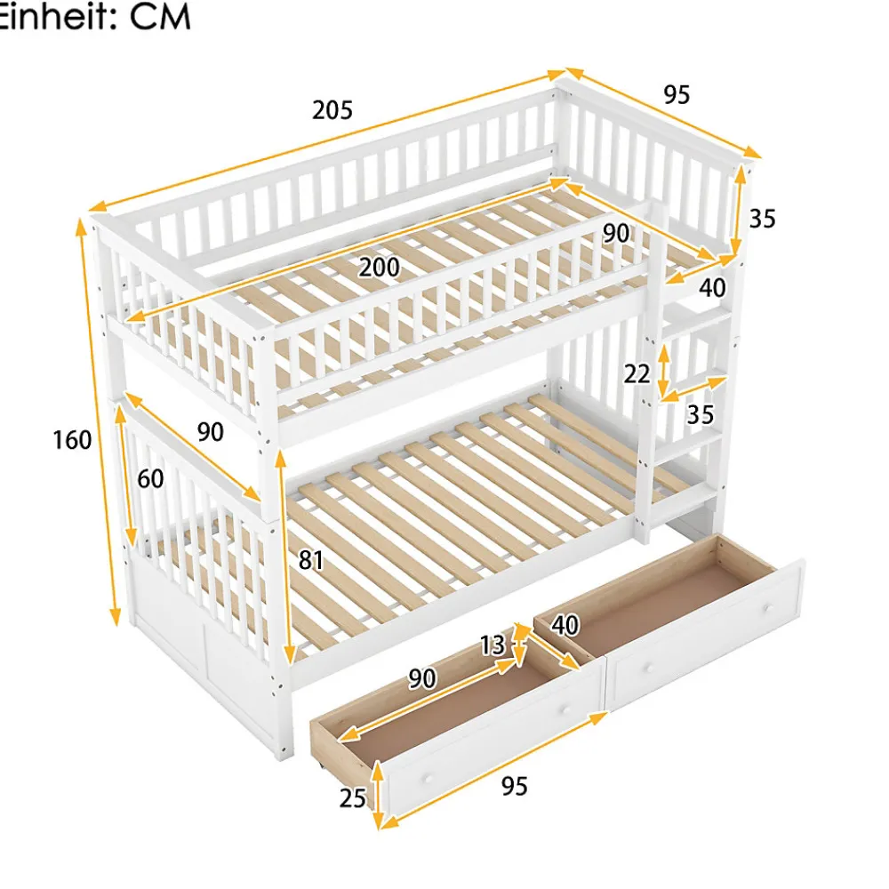 Lit Superposé 90x200 cm - Lit enfant avec 2 Tiroirs de Rangement - Bois de Pin et MDF Robuste - Blanc - Sans Matelas>Okwish