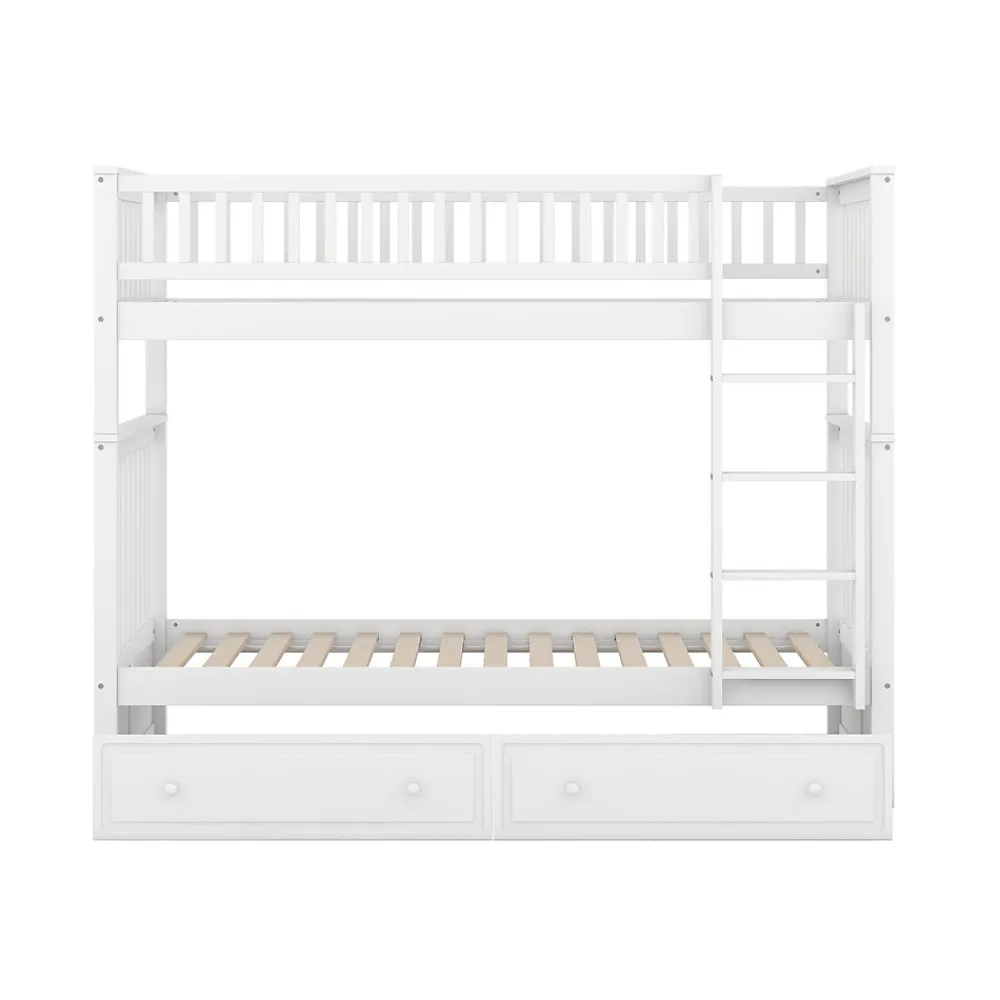 Lit Superposé 90x200 cm - Lit enfant avec 2 Tiroirs de Rangement - Bois de Pin et MDF Robuste - Blanc - Sans Matelas>Okwish
