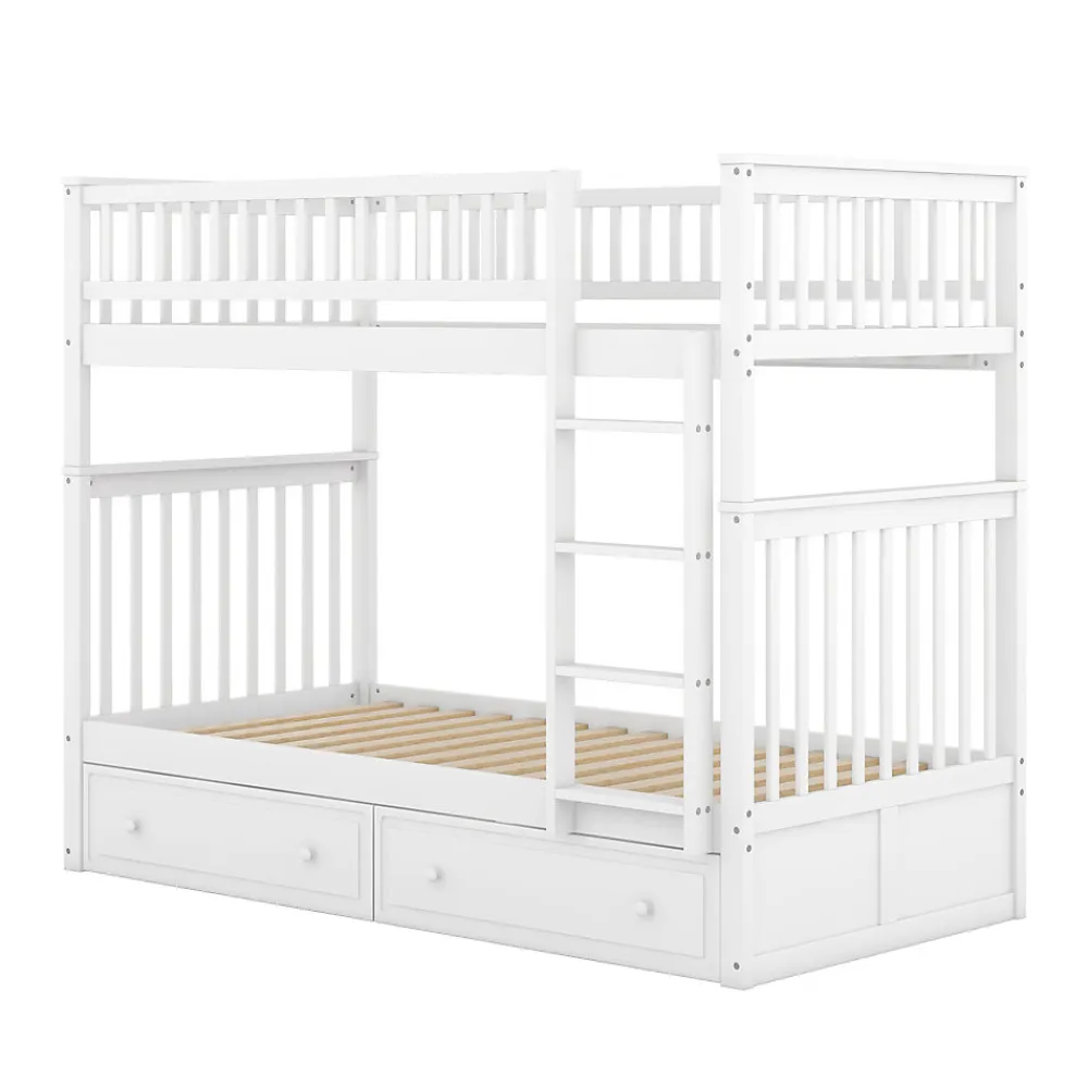 Lit Superposé 90x200 cm - Lit enfant avec 2 Tiroirs de Rangement - Bois de Pin et MDF Robuste - Blanc - Sans Matelas>Okwish