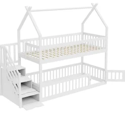 Okwish Lit superposé 90x200 cm - Lit enfant avec Rangement et Toit, Échelle de Sécurité et Garde-Corps, Sans Matelas - Bois Massif Blanc*Enfant Lit Enfant