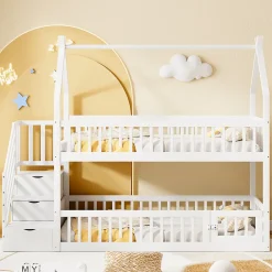 Okwish Lit superposé 90x200 cm - Lit enfant avec Rangement et Toit, Échelle de Sécurité et Garde-Corps, Sans Matelas - Bois Massif Blanc*Enfant Lit Enfant