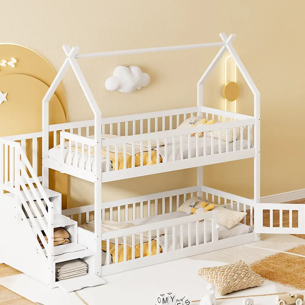 Okwish Lit superposé 90x200 cm - Lit enfant avec Rangement et Toit, Échelle de Sécurité et Garde-Corps, Sans Matelas - Bois Massif Blanc*Enfant Lit Enfant