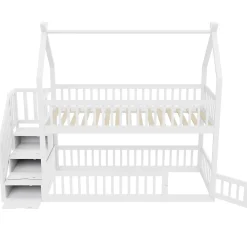Okwish Lit superposé 90x200 cm - Lit enfant avec Rangement et Toit, Échelle de Sécurité et Garde-Corps, Sans Matelas - Bois Massif Blanc*Enfant Lit Enfant