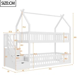 Okwish Lit superposé 90x200 cm - Lit enfant avec Rangement et Toit, Échelle de Sécurité et Garde-Corps, Sans Matelas - Bois Massif Blanc*Enfant Lit Enfant