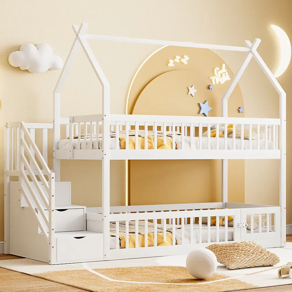Okwish Lit superposé 90x200 cm - Lit enfant avec Rangement et Toit, Échelle de Sécurité et Garde-Corps, Sans Matelas - Bois Massif Blanc*Enfant Lit Enfant