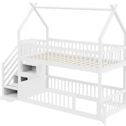 Okwish Lit superposé 90x200 cm - Lit enfant avec Rangement et Toit, Échelle de Sécurité et Garde-Corps, Sans Matelas - Bois Massif Blanc*Enfant Lit Enfant