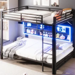 Lit Superposé 140x200 cm - Lit Enfant et Ado avec LED et Rangement, Étagères Intégrées, Sans Matelas, en Métal, Noir>Okwish Outlet