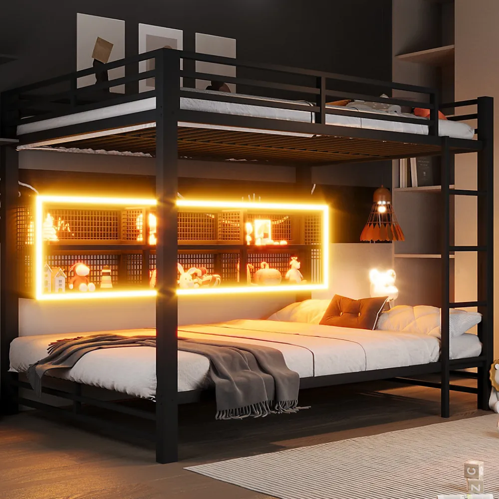 Lit Superposé 140x200 cm - Lit Enfant et Ado avec LED et Rangement, Étagères Intégrées, Sans Matelas, en Métal, Noir>Okwish Outlet