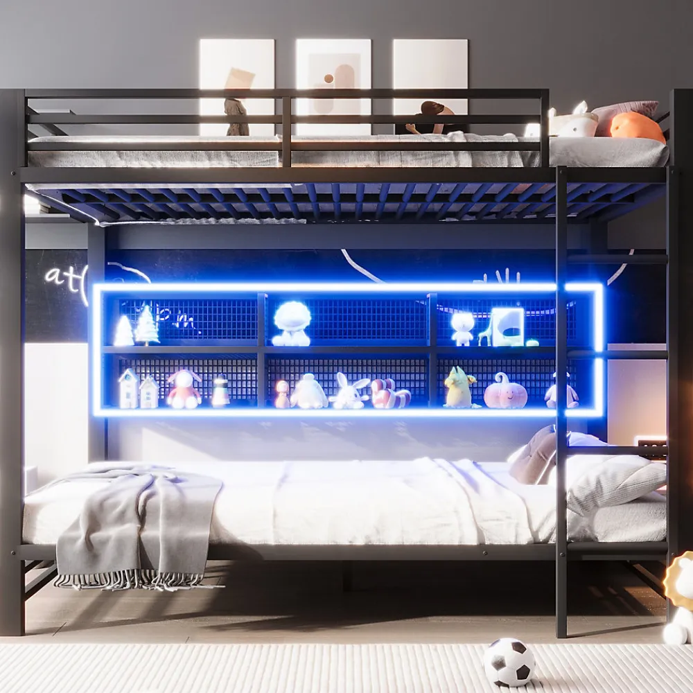 Lit Superposé 140x200 cm - Lit Enfant et Ado avec LED et Rangement, Étagères Intégrées, Sans Matelas, en Métal, Noir>Okwish Outlet