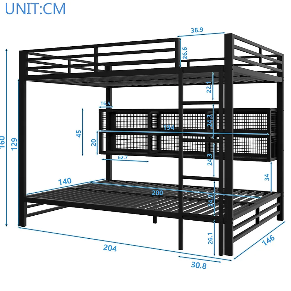 Lit Superposé 140x200 cm - Lit Enfant et Ado avec LED et Rangement, Étagères Intégrées, Sans Matelas, en Métal, Noir>Okwish Outlet