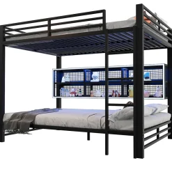 Lit Superposé 140x200 cm - Lit Enfant et Ado avec LED et Rangement, Étagères Intégrées, Sans Matelas, en Métal, Noir><noscript><img width=