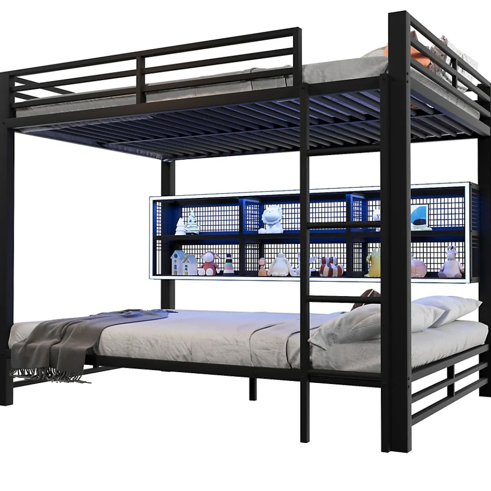 Lit Superposé 140x200 cm - Lit Enfant et Ado avec LED et Rangement, Étagères Intégrées, Sans Matelas, en Métal, Noir>Okwish Outlet