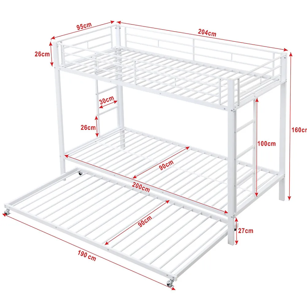 Lit Superposé 90x200 cm - Lit enfant avec Lit Gigogne Extensible, Garde-Corps Hauts, Métal, Blanc - Sans Matelas>Okwish Hot