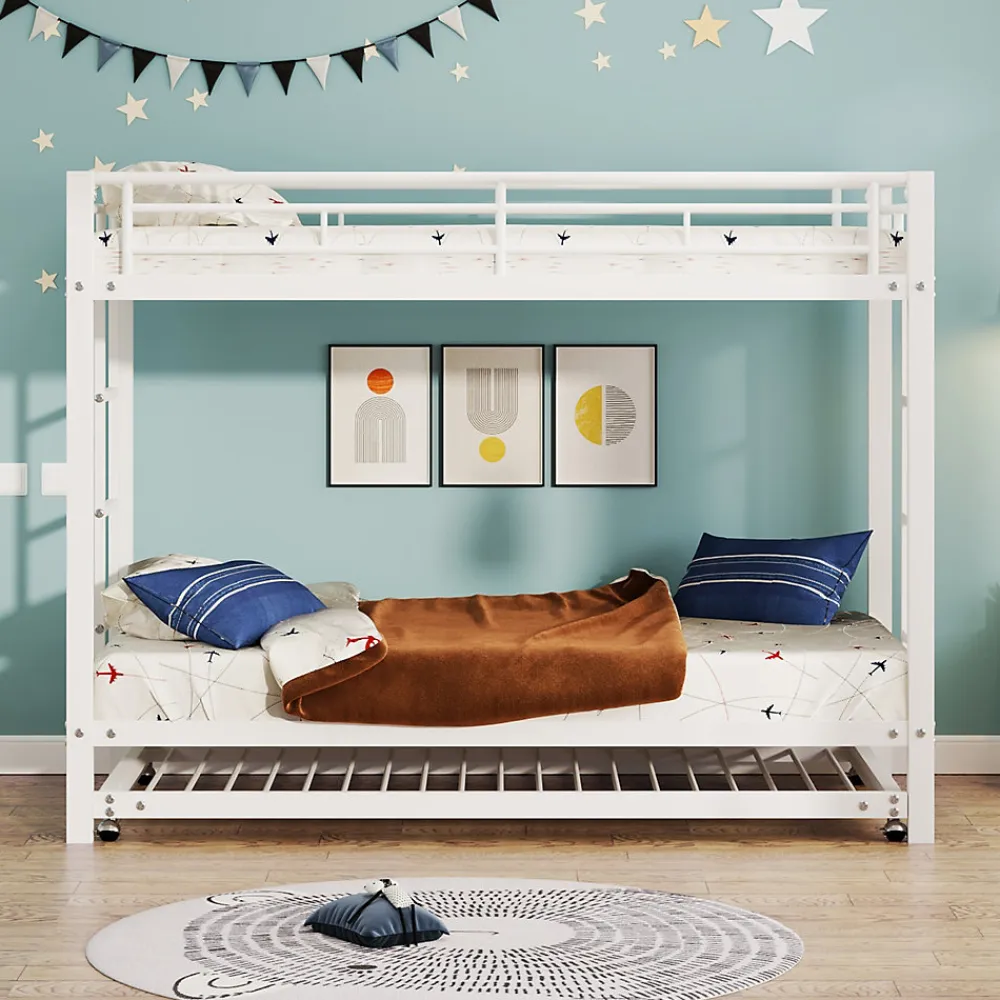Lit Superposé 90x200 cm - Lit enfant avec Lit Gigogne Extensible, Garde-Corps Hauts, Métal, Blanc - Sans Matelas>Okwish Hot