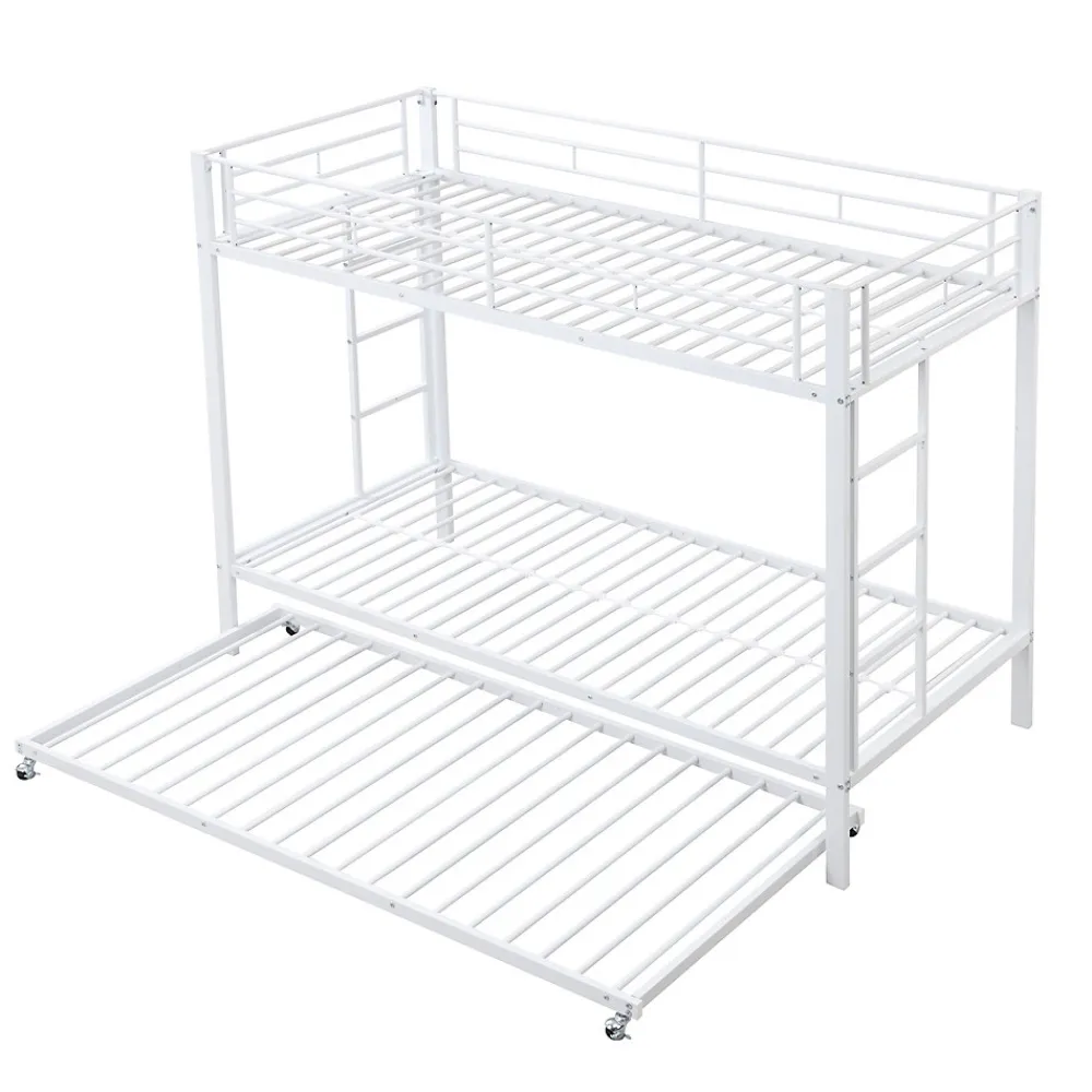 Lit Superposé 90x200 cm - Lit enfant avec Lit Gigogne Extensible, Garde-Corps Hauts, Métal, Blanc - Sans Matelas>Okwish Hot