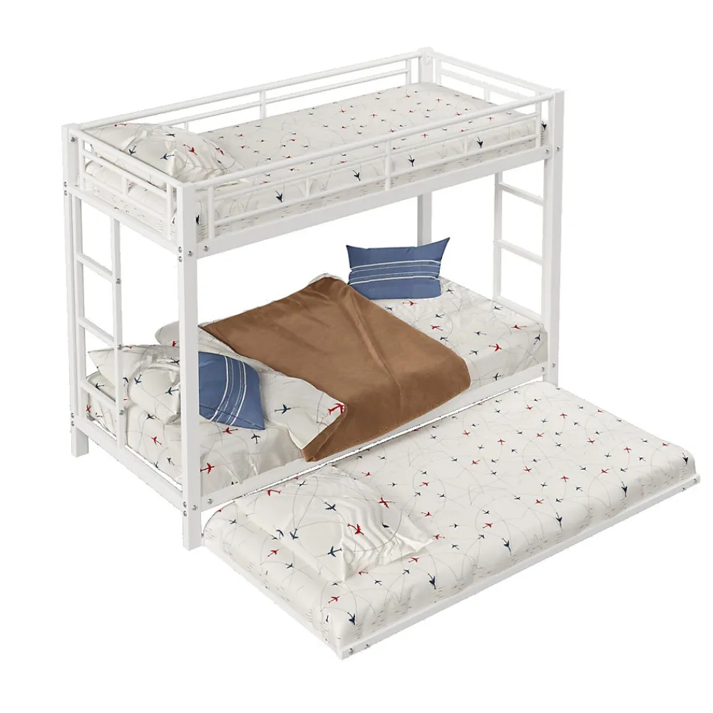 Lit Superposé 90x200 cm - Lit enfant avec Lit Gigogne Extensible, Garde-Corps Hauts, Métal, Blanc - Sans Matelas>Okwish Hot