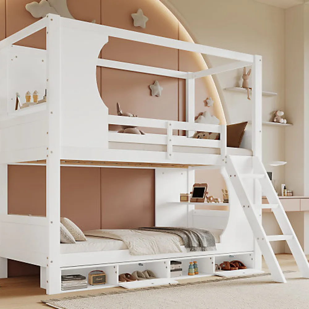 Lit Superposé 90x200 cm - Lit enfant Combiné avec Armoire, Table Pratique et Escalier Sécurisé - Grand Rangement - MDF Blanc>Okwish New