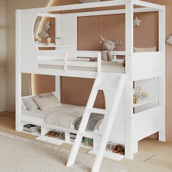 Lit Superposé 90x200 cm - Lit enfant Combiné avec Armoire, Table Pratique et Escalier Sécurisé - Grand Rangement - MDF Blanc>Okwish New