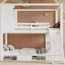 Lit Superposé 90x200 cm - Lit enfant Combiné avec Armoire, Table Pratique et Escalier Sécurisé - Grand Rangement - MDF Blanc><noscript><img width=