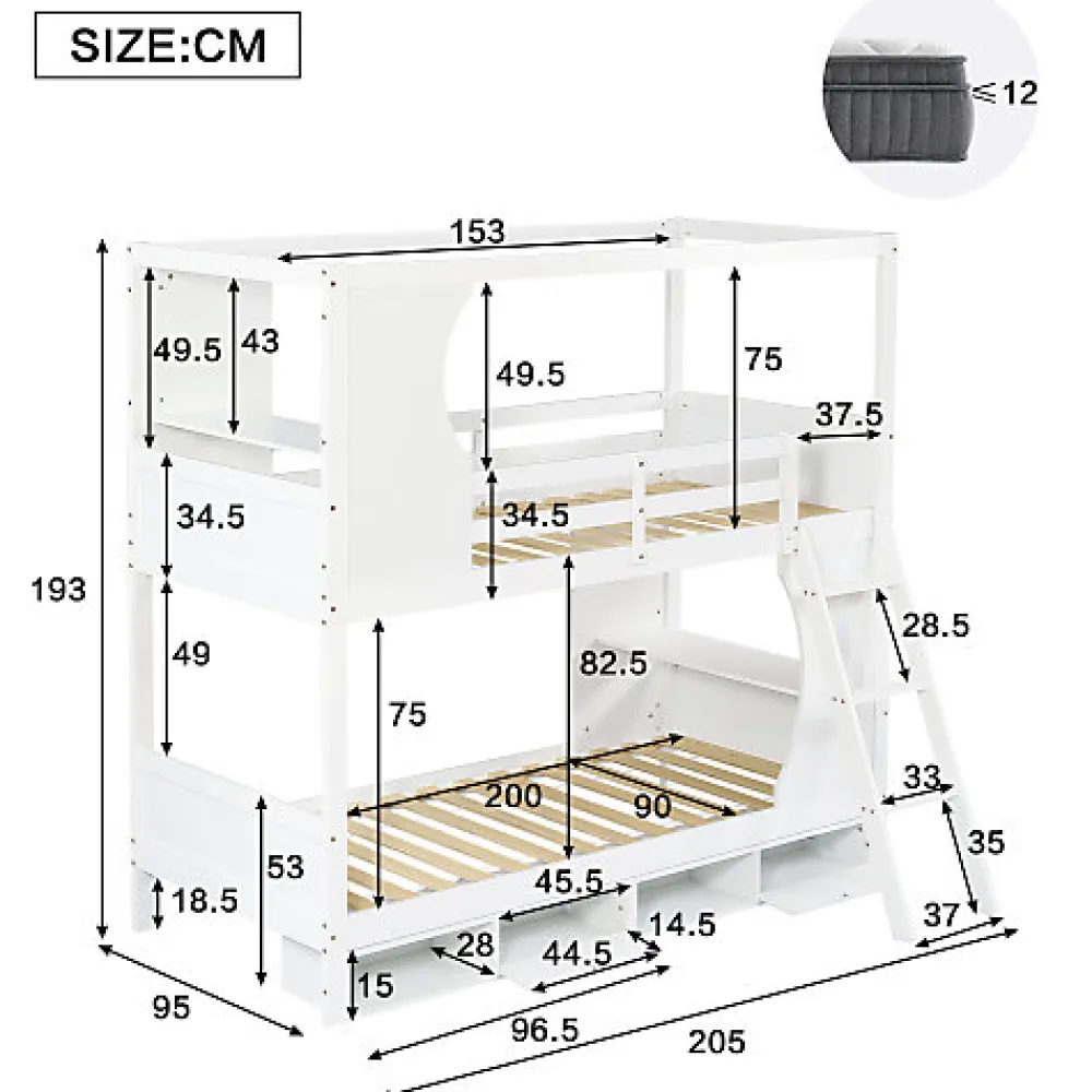 Lit Superposé 90x200 cm - Lit enfant Combiné avec Armoire, Table Pratique et Escalier Sécurisé - Grand Rangement - MDF Blanc>Okwish New