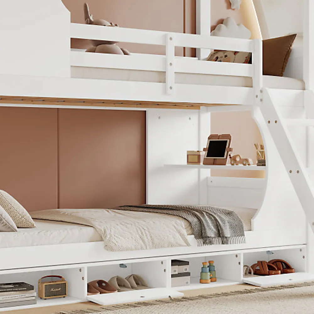 Lit Superposé 90x200 cm - Lit enfant Combiné avec Armoire, Table Pratique et Escalier Sécurisé - Grand Rangement - MDF Blanc>Okwish New