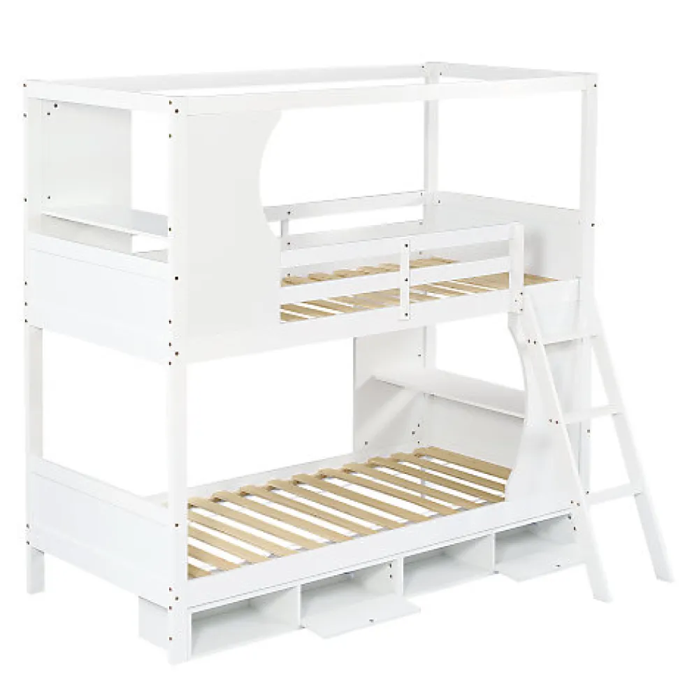 Lit Superposé 90x200 cm - Lit enfant Combiné avec Armoire, Table Pratique et Escalier Sécurisé - Grand Rangement - MDF Blanc>Okwish New