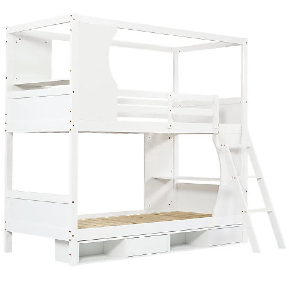 Lit Superposé 90x200 cm - Lit enfant Combiné avec Armoire, Table Pratique et Escalier Sécurisé - Grand Rangement - MDF Blanc>Okwish New