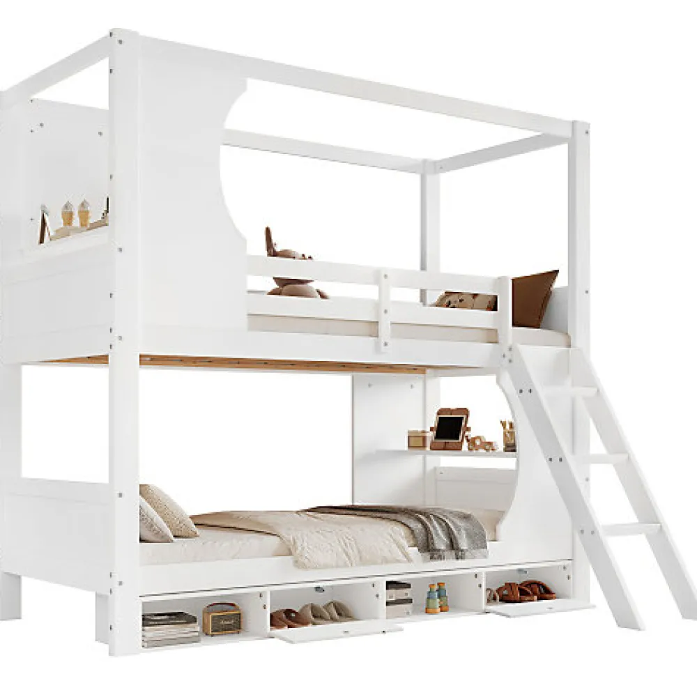 Lit Superposé 90x200 cm - Lit enfant Combiné avec Armoire, Table Pratique et Escalier Sécurisé - Grand Rangement - MDF Blanc>Okwish New