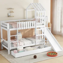 Lit superposé 90x200 cm - Lit enfant avec espacement de 92,8 cm - Bois massif + MDF - Sans matelas - Blanc>Okwish Discount