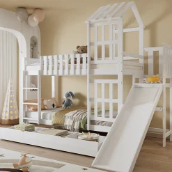 Lit superposé 90x200 cm - Lit enfant avec espacement de 92,8 cm - Bois massif + MDF - Sans matelas - Blanc><noscript><img width=